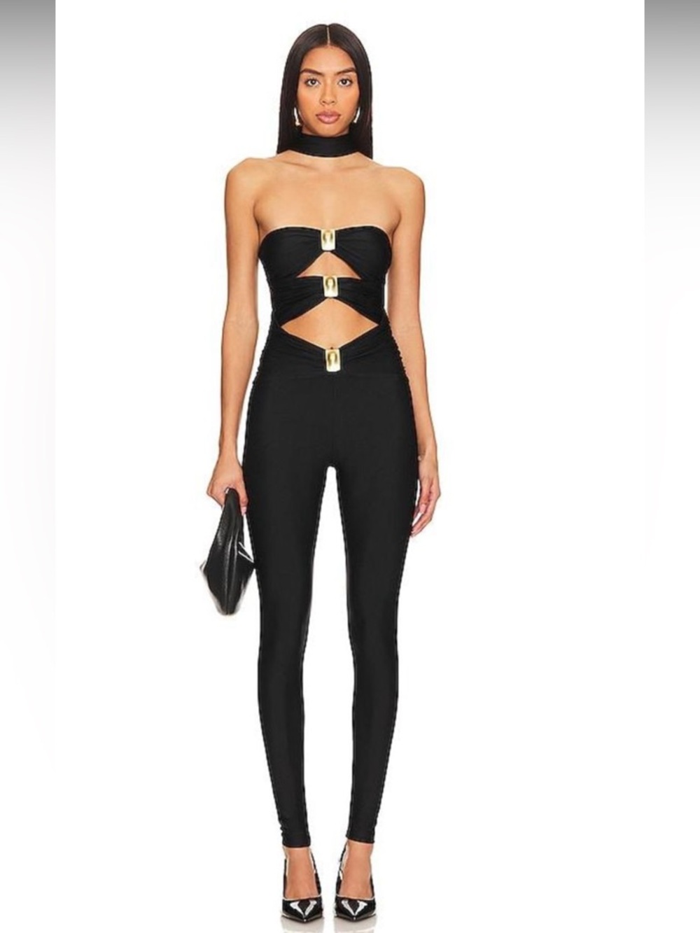 Ronny Kobo Black Jones Catsuit Cutout Jumpsuit with Gold Accents. Size L